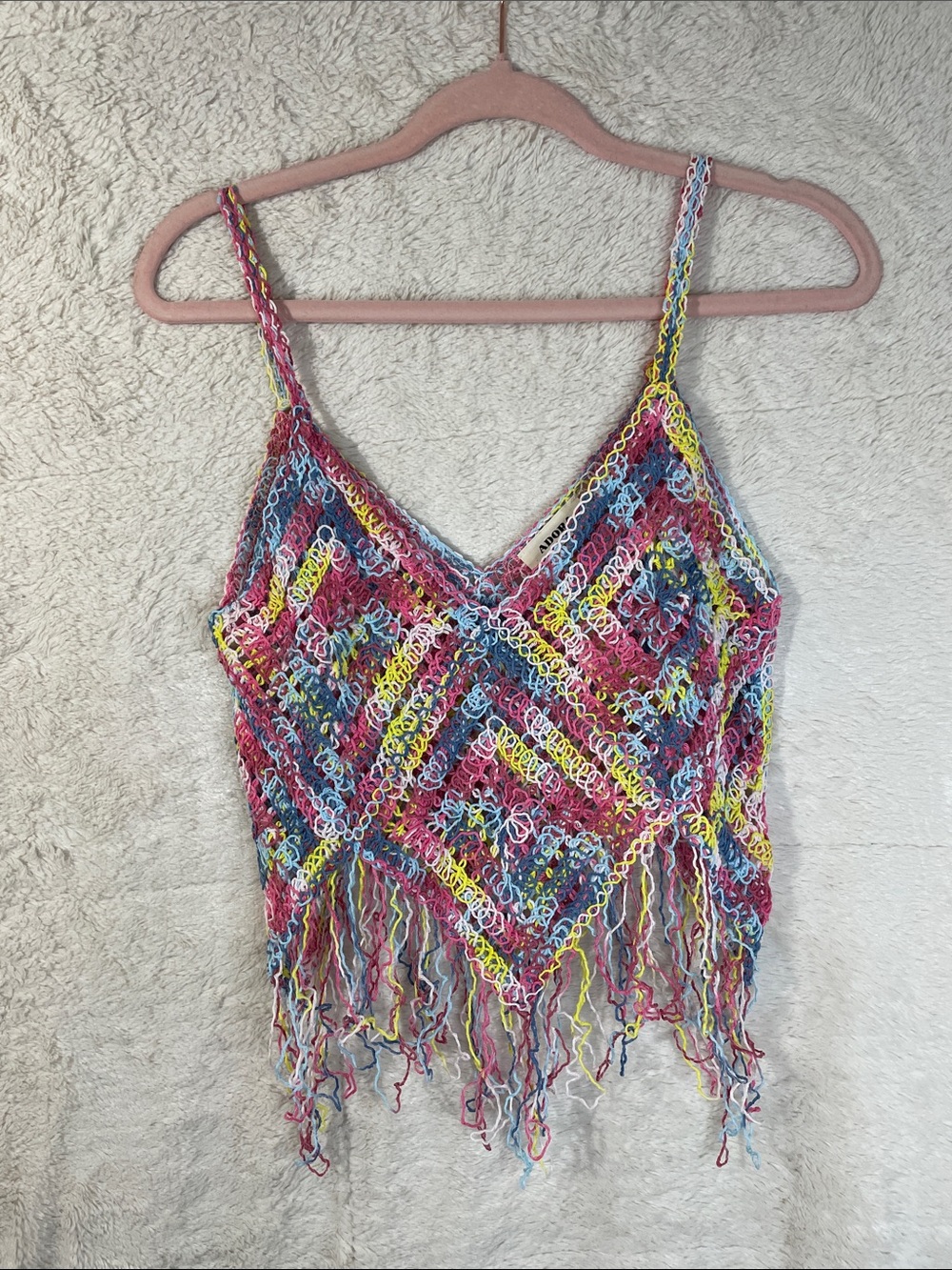 ADORA Multicolor Crochet Fringe Camisole in Pink, Blue, Yellow, Cream